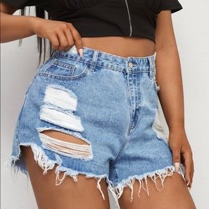 Plus Light Wash Raw Hem Ripped Denim Shorts